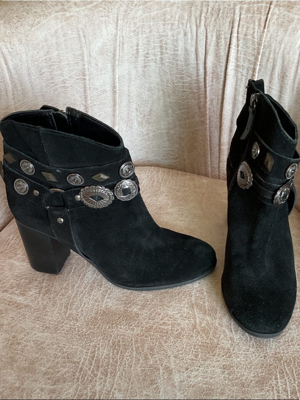 Schutz Women's  Black Suede Ankle Boots with Silver Concho Detail